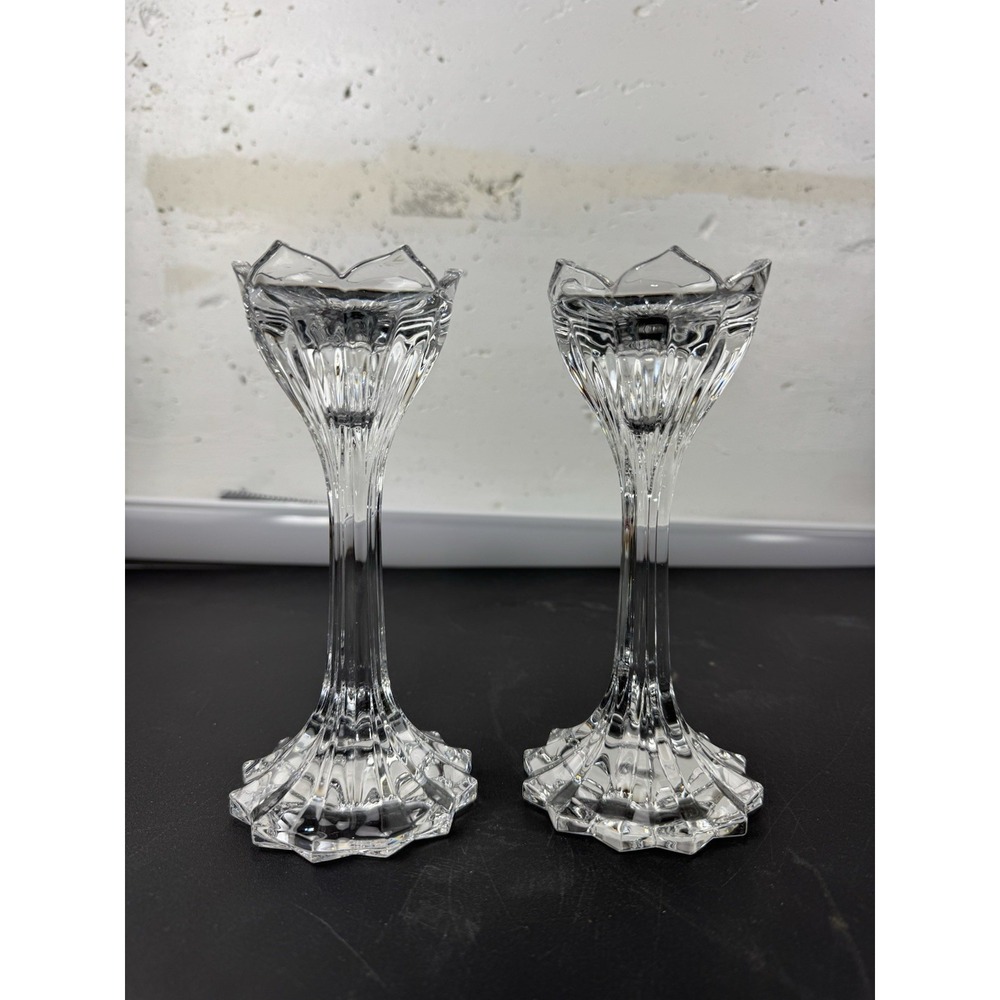 Vintage Heavy Tulip Shaped Clear Glass Candlesticks‎ Cottagecore